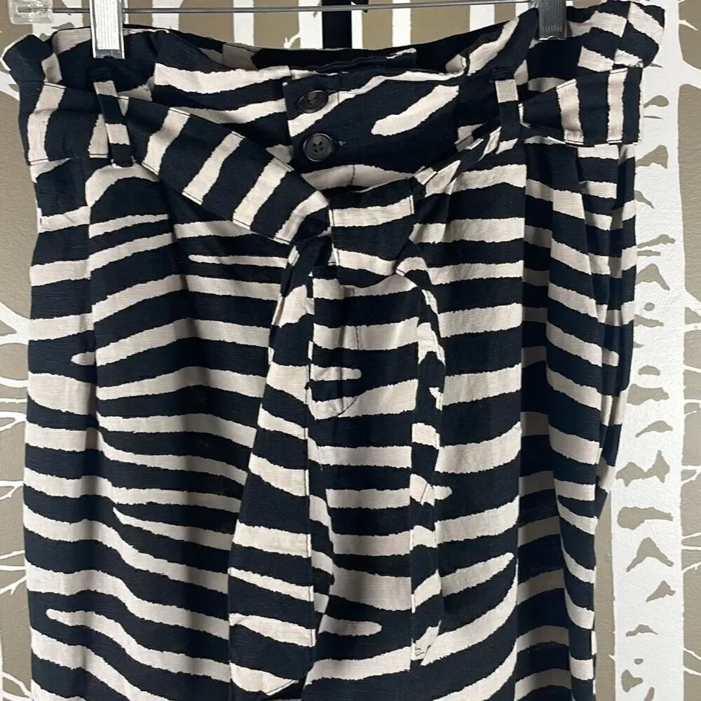 Linen Blend Zebra Print High Rise Paper Bag Waist Tapered Cropped Pants NEW 6